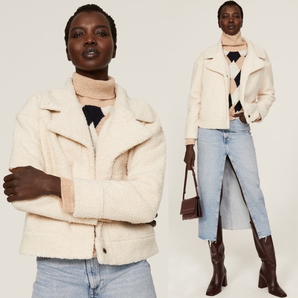 NWT MARINE LAYER Ivory Recycled Sherpa Boxy Cropped Button Up Trucker Jacket L - Picture 1 of 9